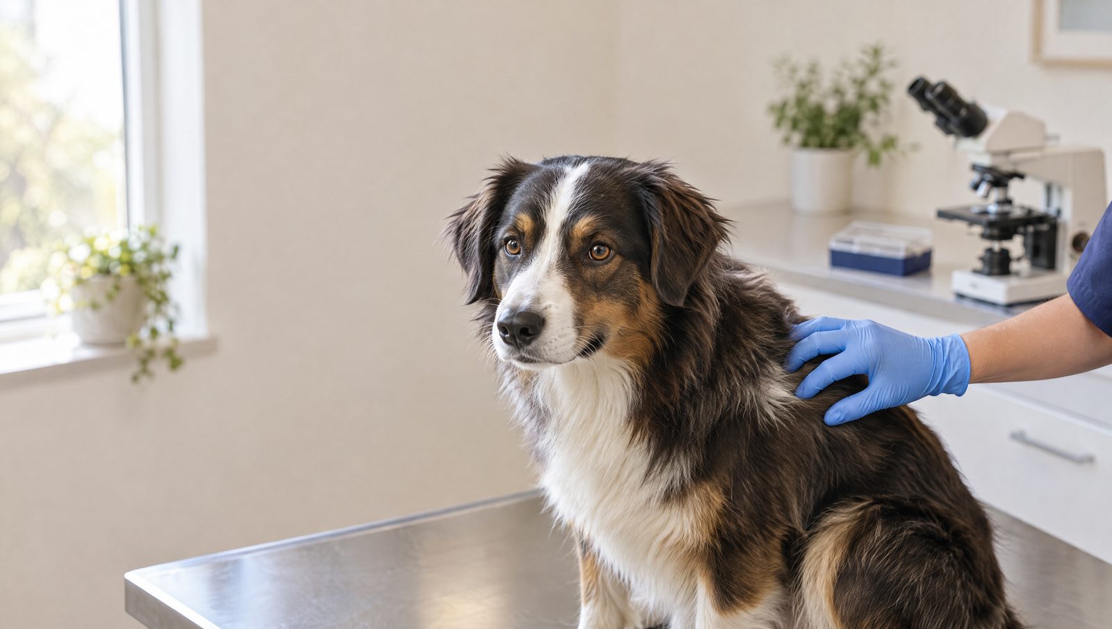 A calm dog on an exam table while one gloved hand parts the fur on its back, a microscope blurred behind
